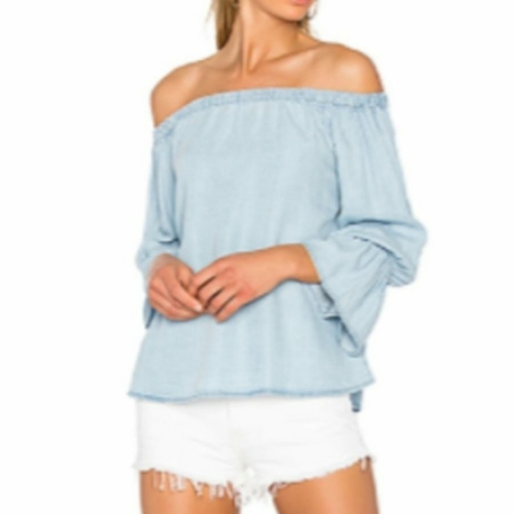 SANCTUARY Style Off Shoulder Denim Top, Color Blue, Size 4